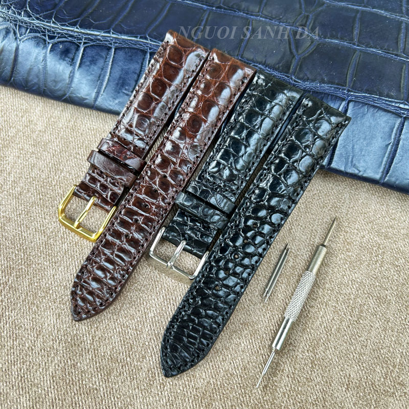 Dây đồng hồ da cá sấu cao cấp màu đen