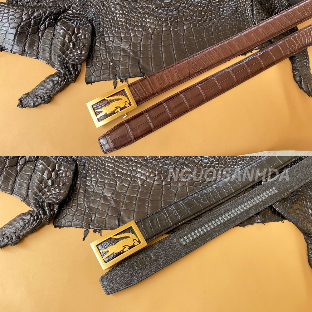 Thắt lưng da cá sấu liền màu đen và nâu
