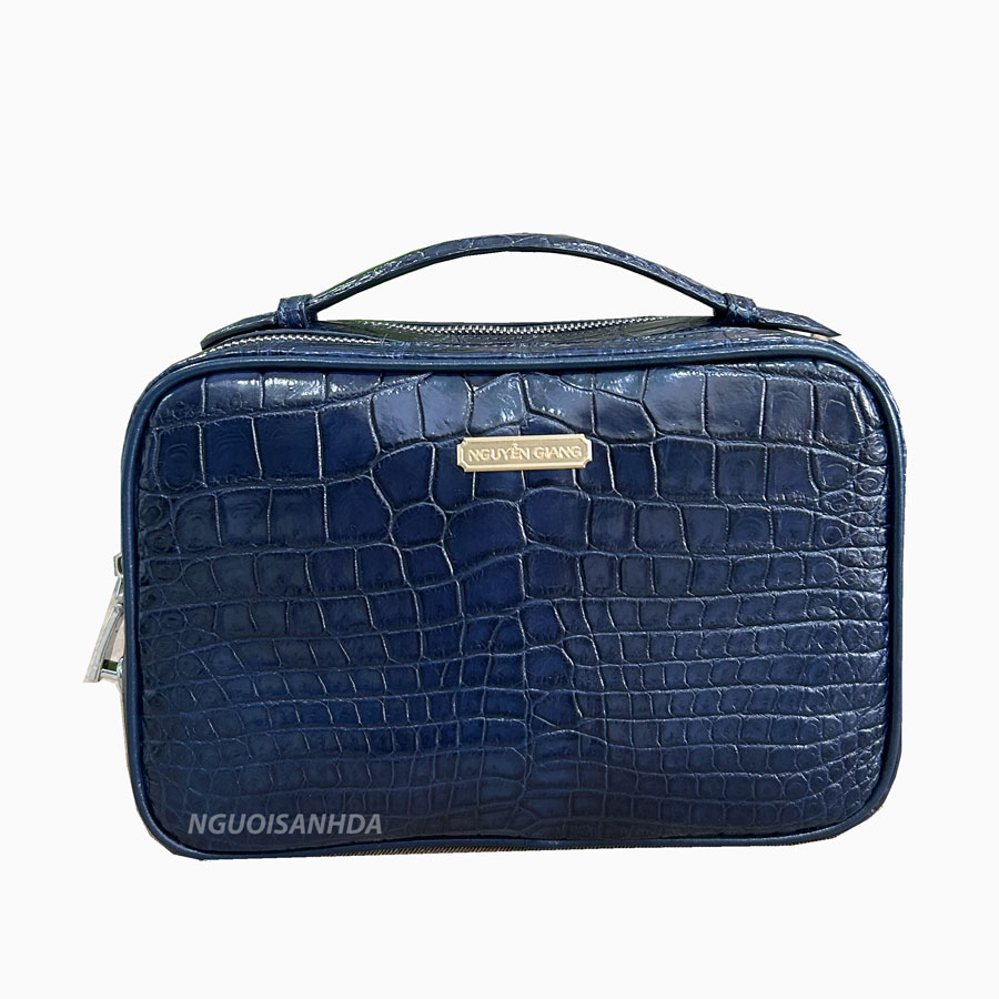 Túi Golf da cá sấu xanh navy gắn tag tên