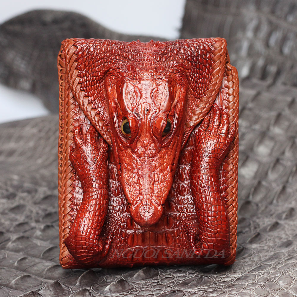 Ví đầu cá sấu nguyên con màu nâu đỏ