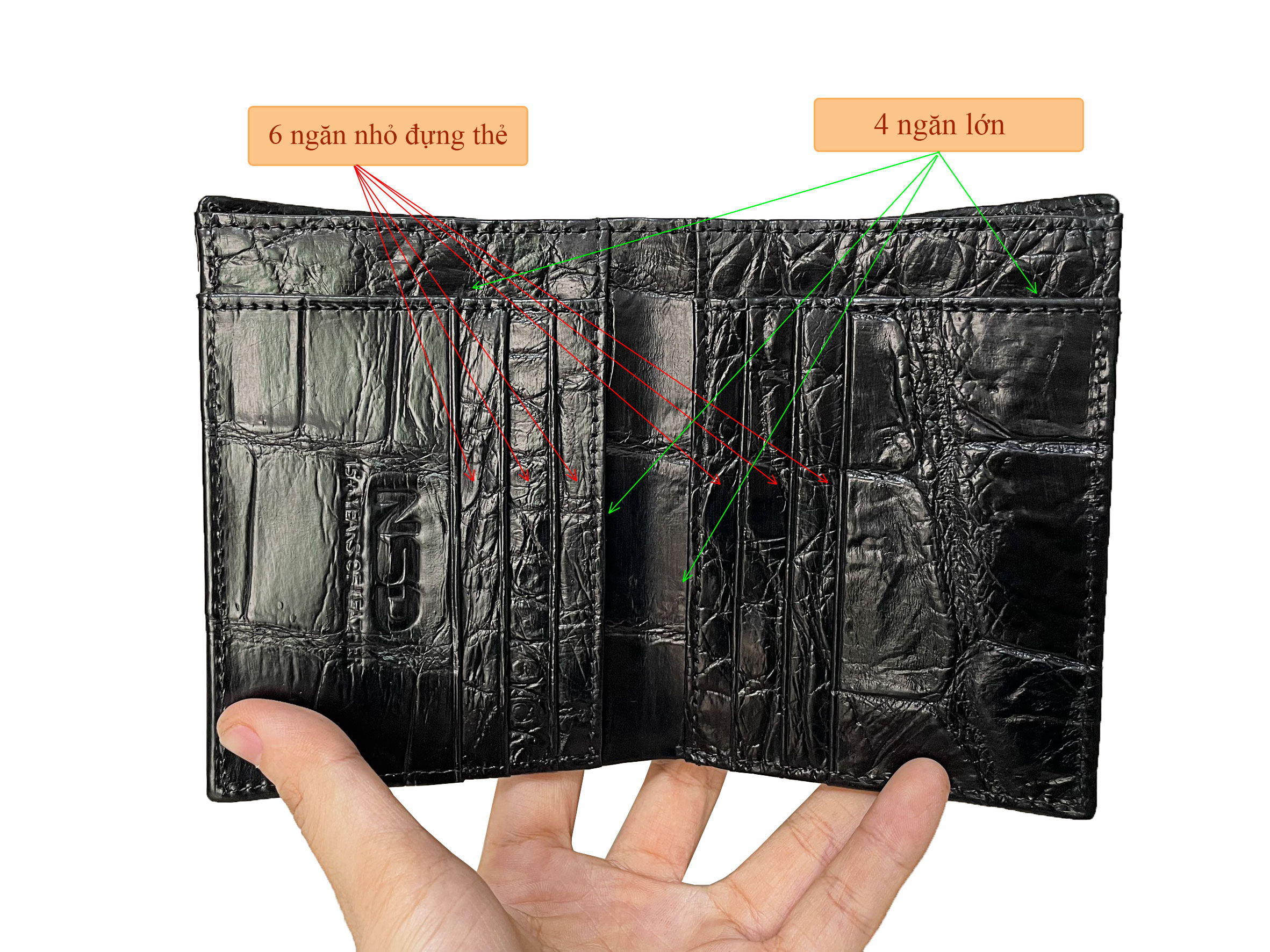 Mặt trong ví nam da cá sấu đứng 2 mặt