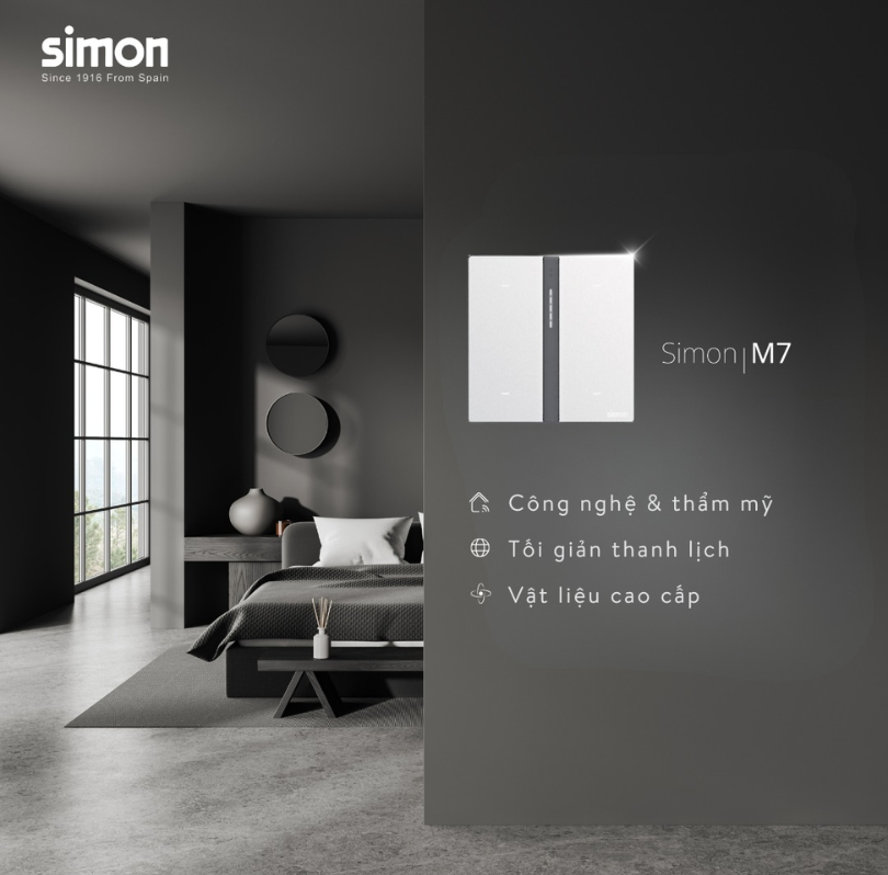 Simon M7- Công tắc ổ cắm mặt vuông tràn viền siêu mỏng mặt kính cường lực Simon M7 Gem