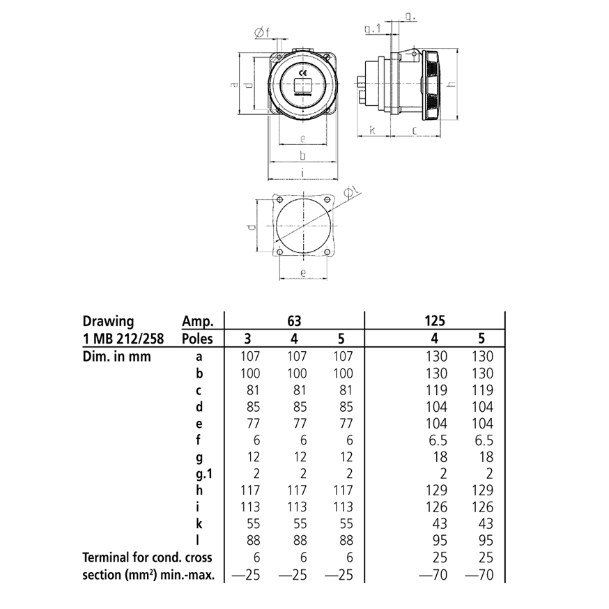 Ổ cắm công nghiệp gắn âm, kín nước, dạng thẳng 3Pha - 63A - 4 chân - IP67 , mã 1124A