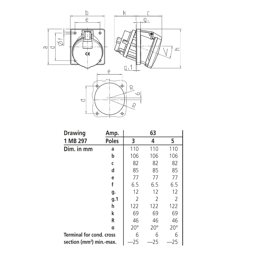Ổ cắm công nghiệp gắn âm không kín nước, góc nghiêng 20 độ 1Pha- 63A - 3 chân - IP44 , mã 1147A