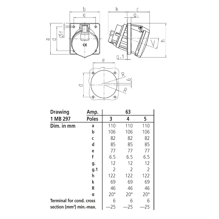 Ổ cắm công nghiệp gắn âm không kín nước, góc nghiêng 20 độ 3Pha- 63A - 5 chân - IP44 , mã 1155A