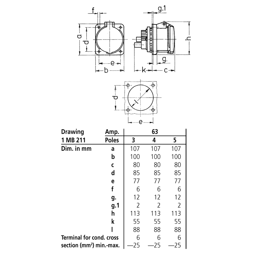 Ổ cắm công nghiệp gắn âm không kín nước, dạng thẳng 1Pha -  16A - 3 chân - IP44 , mã 1366