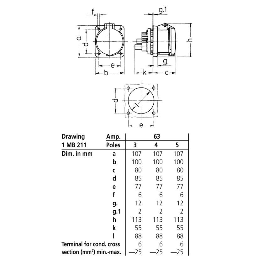 Ổ cắm công nghiệp gắn âm không kín nước, dạng thẳng 3Pha-  63A - 5 chân - IP44 , mã 1252A