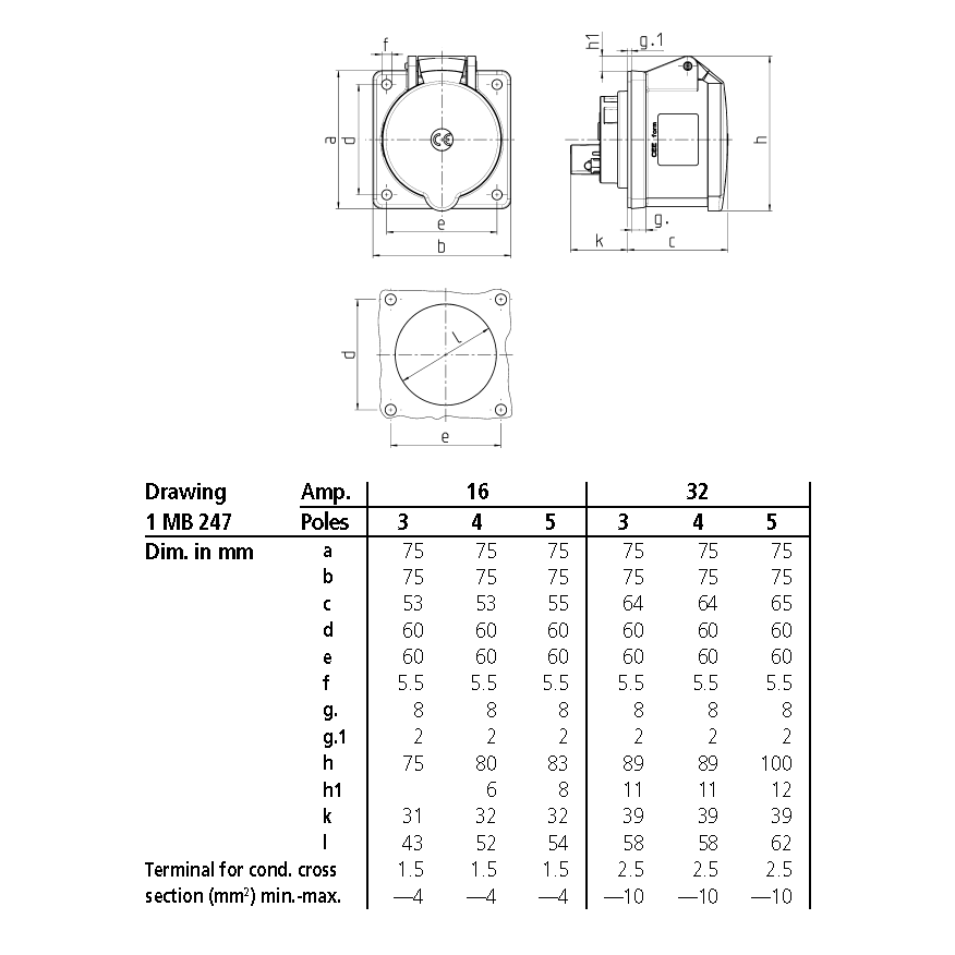 Ổ cắm công nghiệp gắn âm không kín nước, dạng thẳng 1Pha- 16A - 3 chân - IP44 , mã 1395