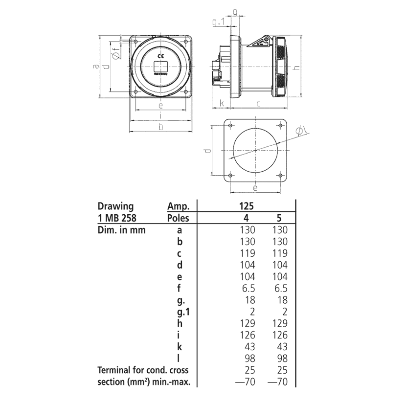 Ổ cắm công nghiệp gắn âm, kín nước, dạng thẳng 3Pha -  125A - 4 chân - IP67 , mã 1457