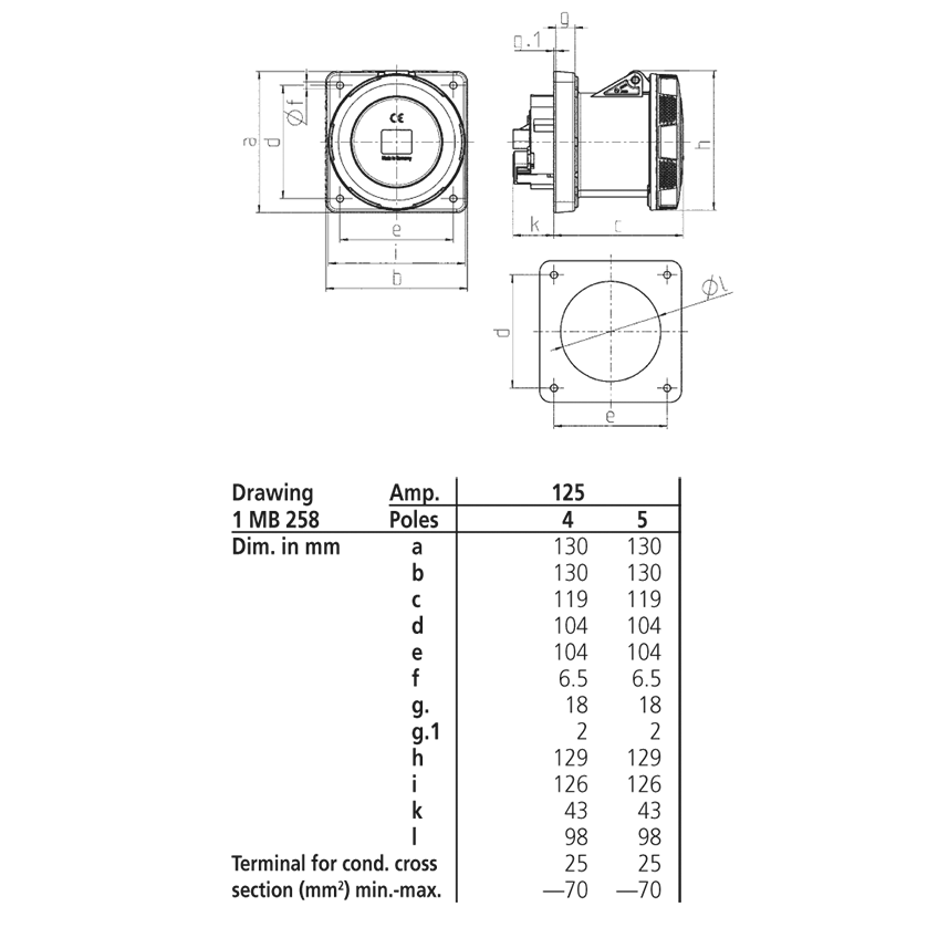 Ổ cắm công nghiệp gắn âm, kín nước, dạng thẳng 3Pha -  125A - 5 chân - IP67 , mã 1461