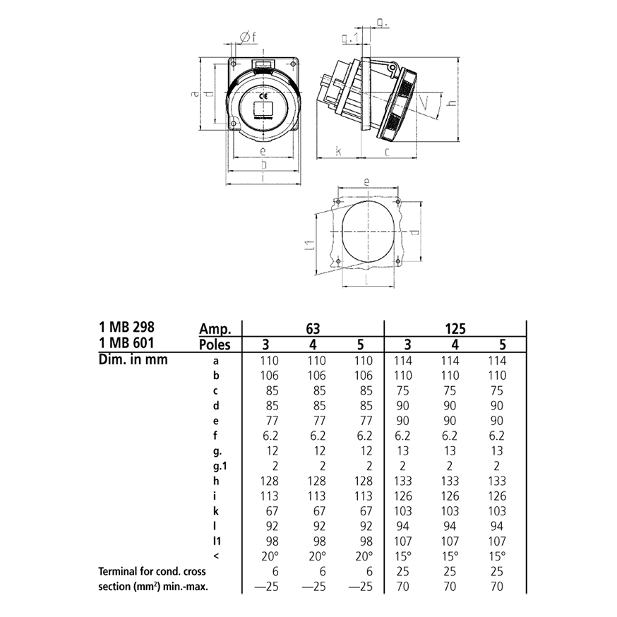 Ổ cắm công nghiệp gắn âm, kín nước, góc nghiêng 20 độ 3Pha -  63A - 4 chân - IP67 , mã 205A