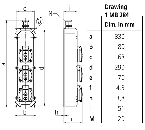 Ổ cắm công nghiệp Schuko  dạng 3 ổ 1 Pha - 16A - 2+E-3H - IP 44 - Mã 96700