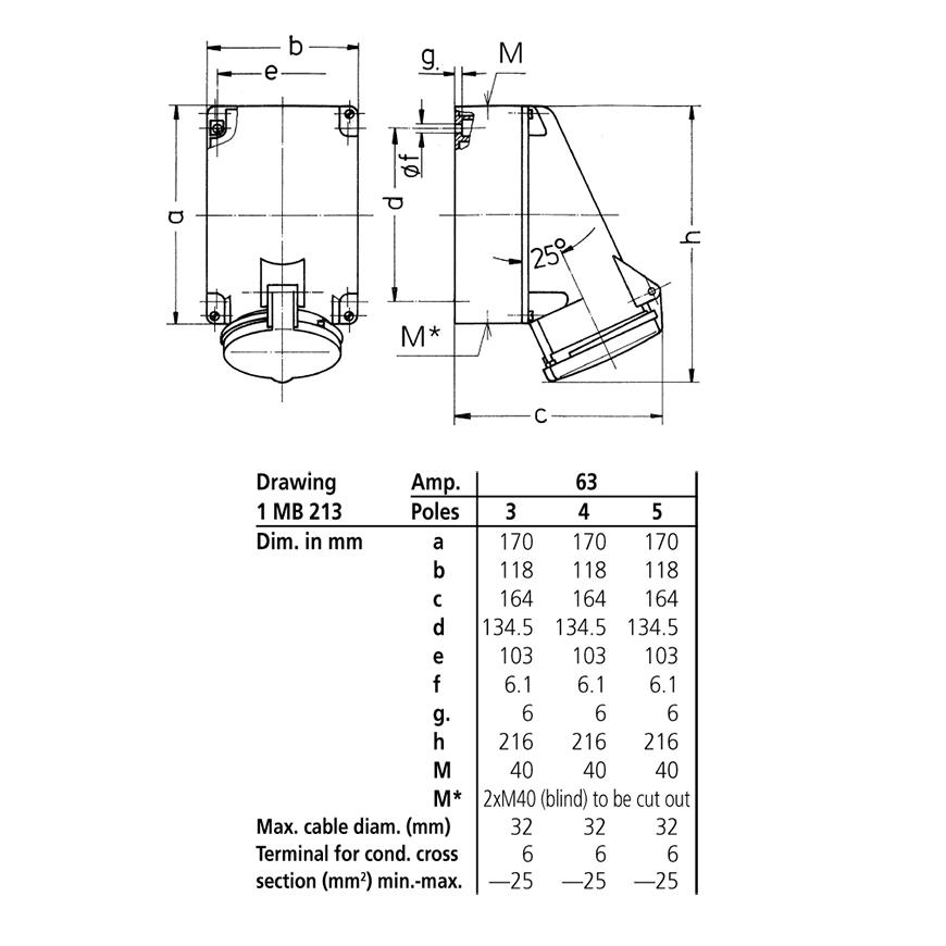 Ổ cắm công nghiệp không kín nước 1Pha- 63A - 3 chân - IP44 , mã 1137A
