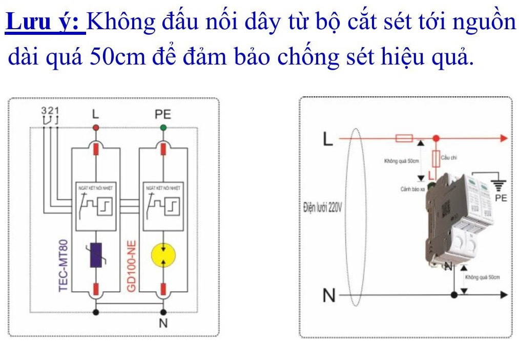 Sơ đồ đấu nối thiết bị cắt sét 1 pha 80ka TEC MT80-1P