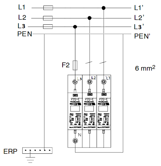 Sơ đồ lắp đặt thiết bị cắt lọc sét 3 pha V25-B+C 3-280