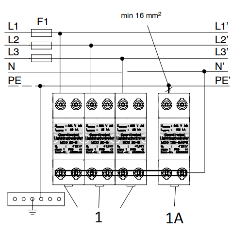 Sơ đồ thiết bị chống sét lan truyền 3P OBO MCD50-B3+1-OS nhập khẩu Đức