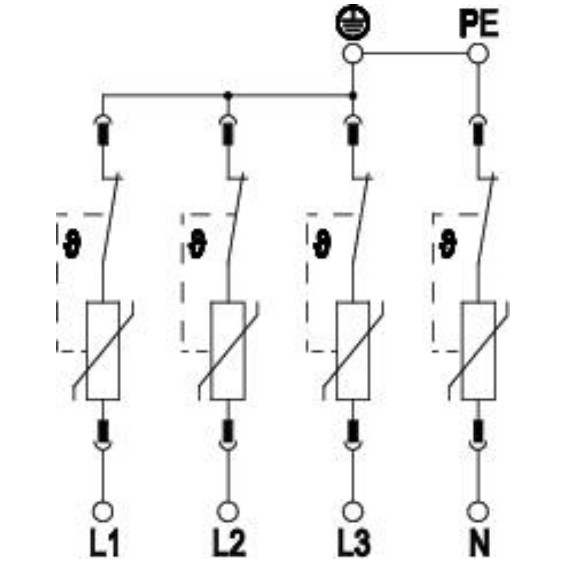 Sơ đồ đấu nối thiết bị chống sét 3 pha OBO V20-4-280 5095164
