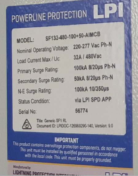Thông số tủ cắt lọc sét 1 pha, dòng tải 32A SF132A-NE-SS480 ( Mã mới SF132-480-100+50-AIMCB )