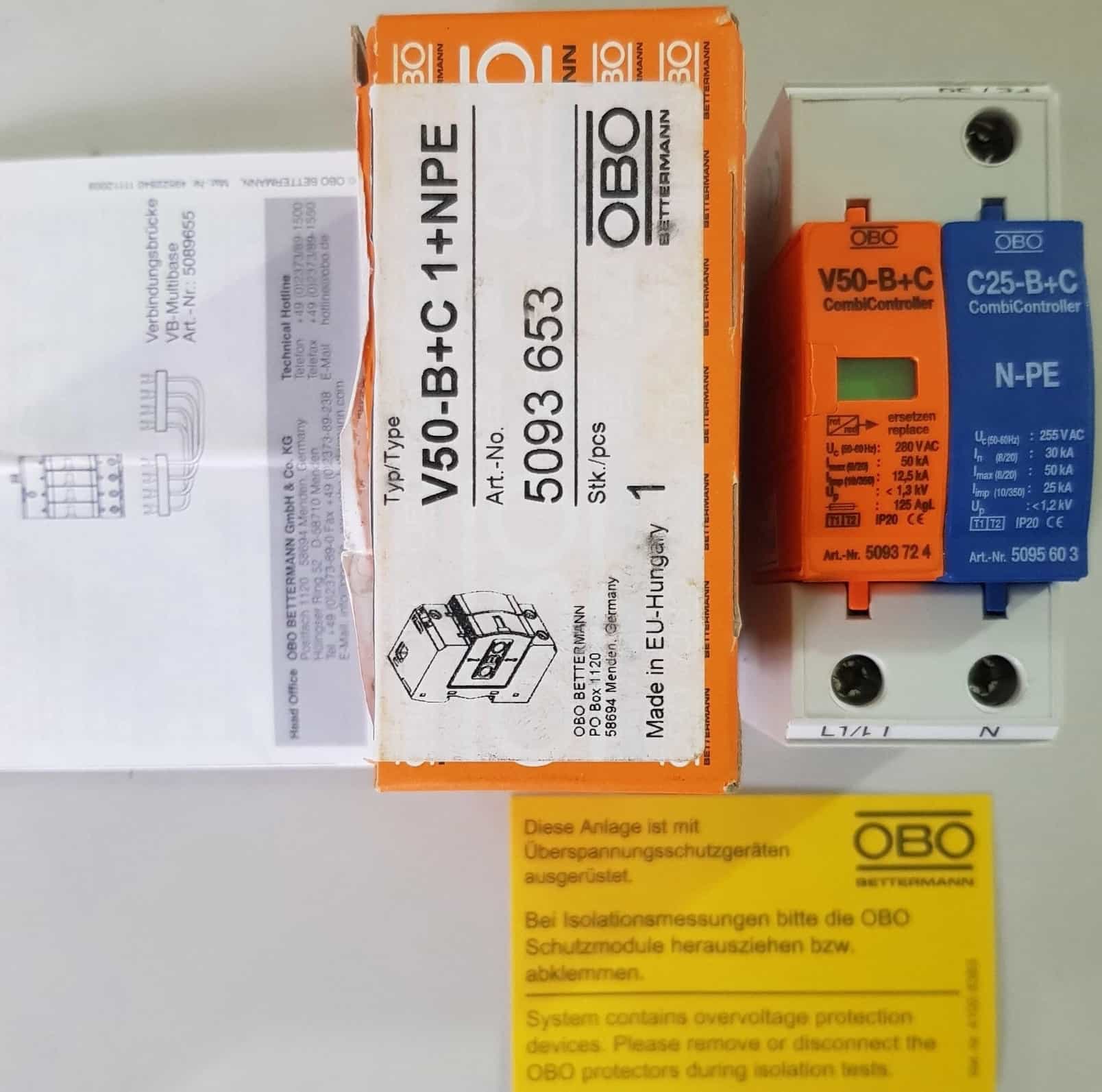 Thiết bị chống sét OBO V50 type 1+2 bảo vệ tủ điện công trình 1 pha