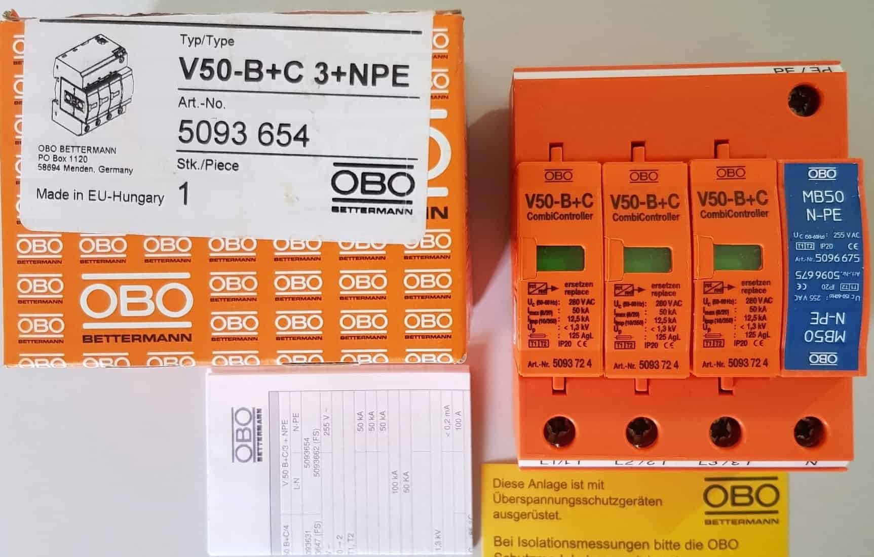 Thiết bị chống sét 3 pha type 1 OBO V50 lắp tủ điện công trình