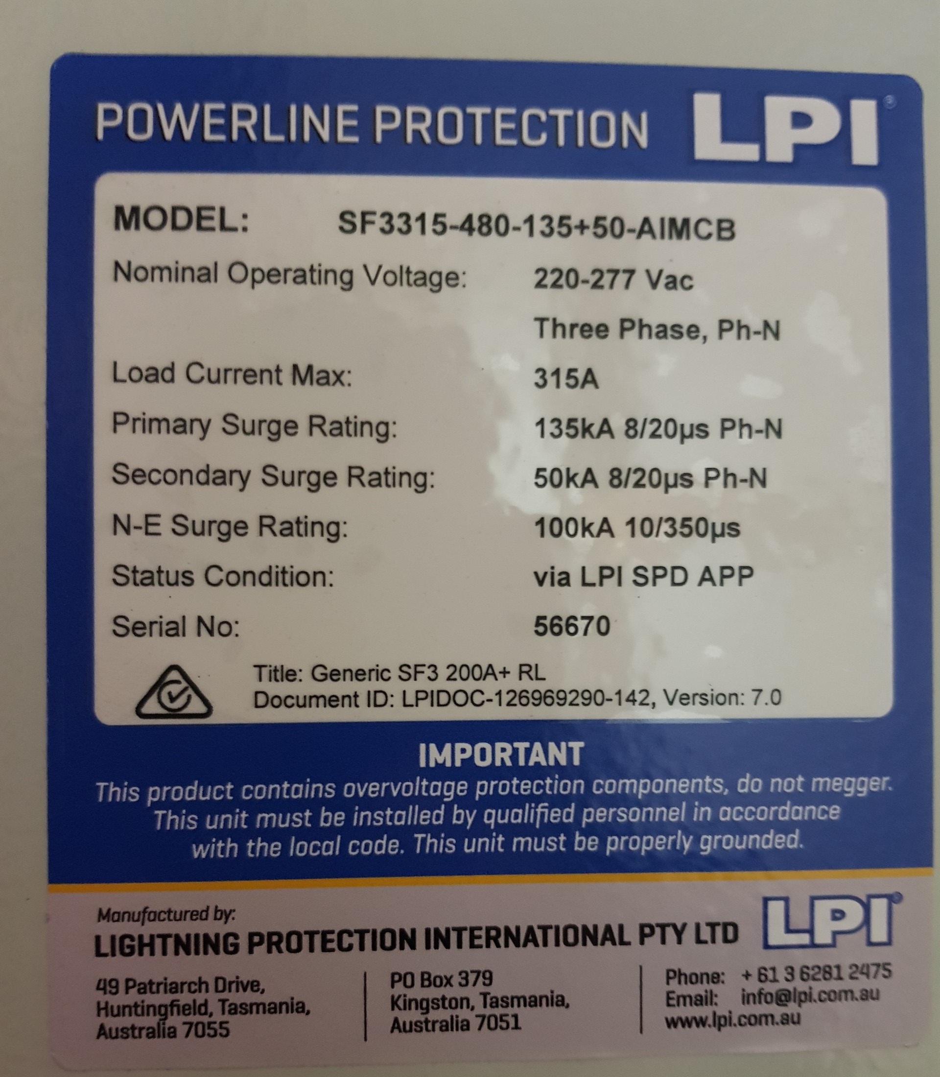 thiết bị cắt lọc sét 3 pha 315A LPI SF3315-480-135+50-AIMCB