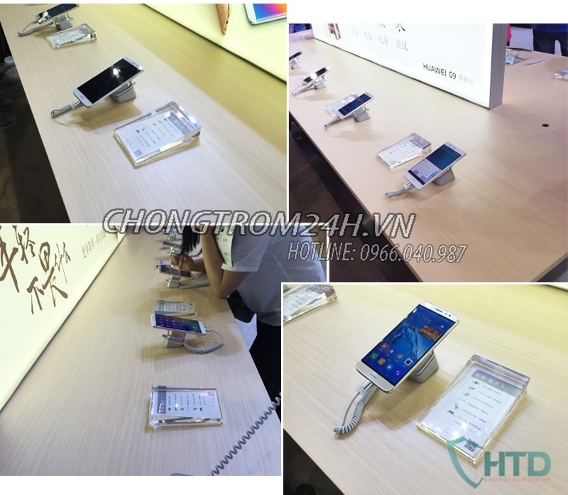 Trưng bày chống trộm điện thoại trên bàn trải nghiệm