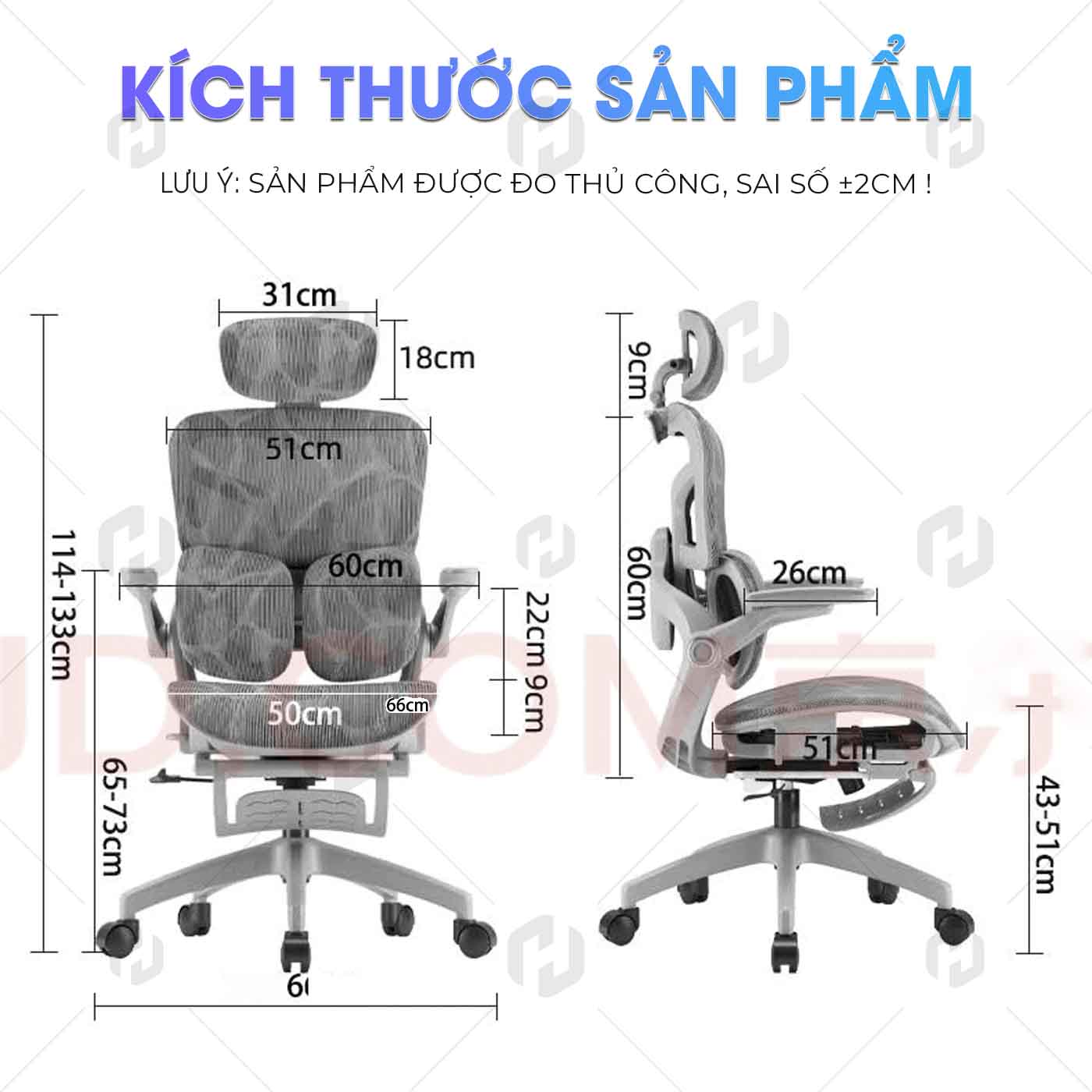 Ghế công thái học HTD-621 Pro đỡ thắt lưng 2D tạo hình cánh bướm có 2 cụm lò xo hỗ trợ có gác chân
