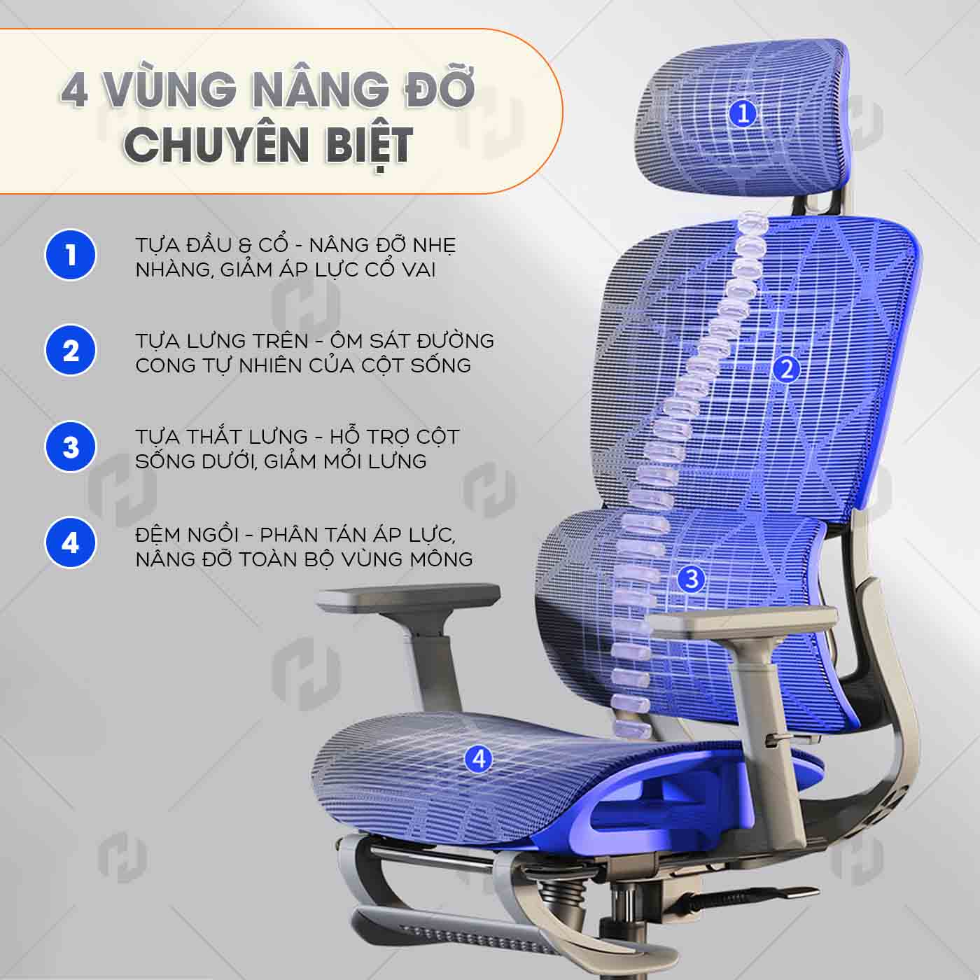 Ghế công thái học full lưới HTD-919 thoáng khí, nâng đỡ chuẩn khoa học theo đường cong sinh lý của cơ thể