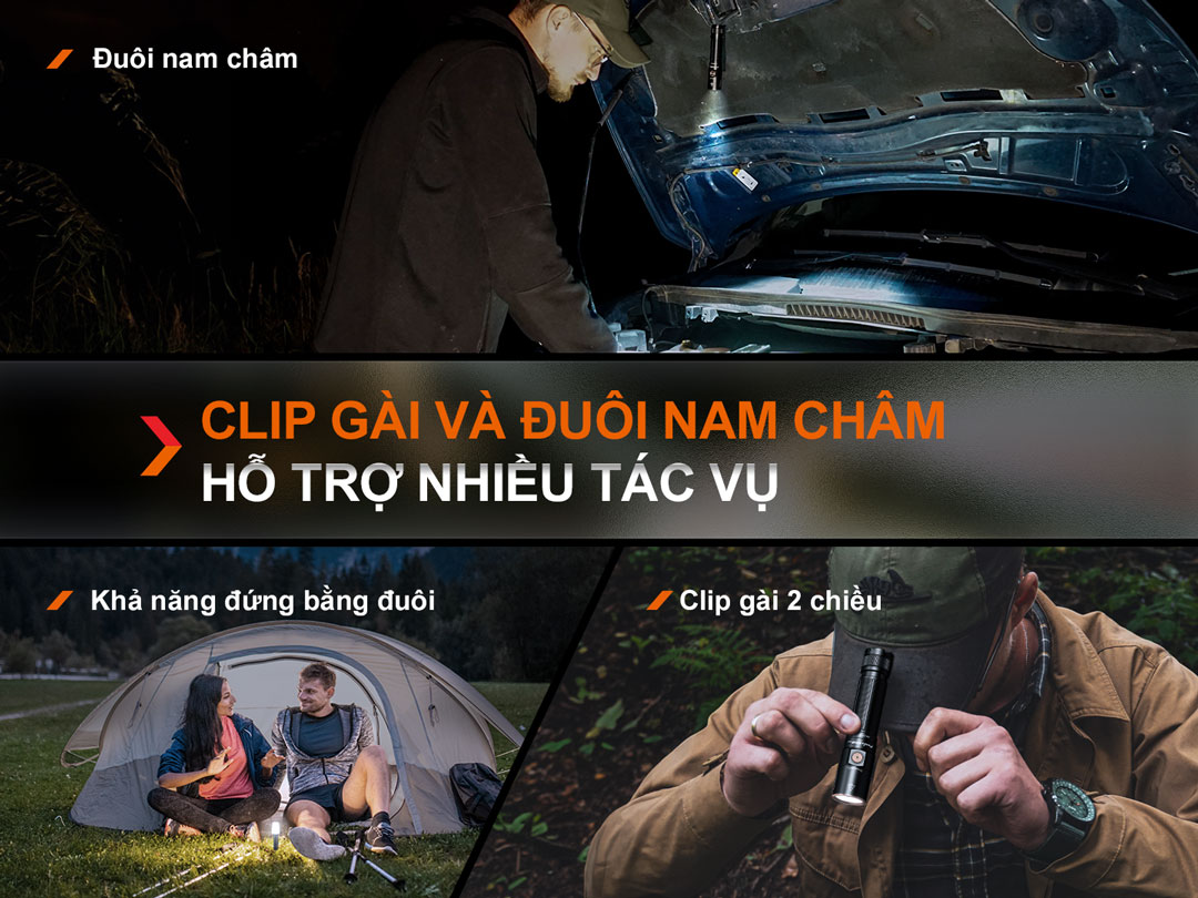 Đèn pin FENIX E28R V2.0 có thể đứng bằng đuôi đèn đi kèm nam châm đuôi và clip cài 2 chiều