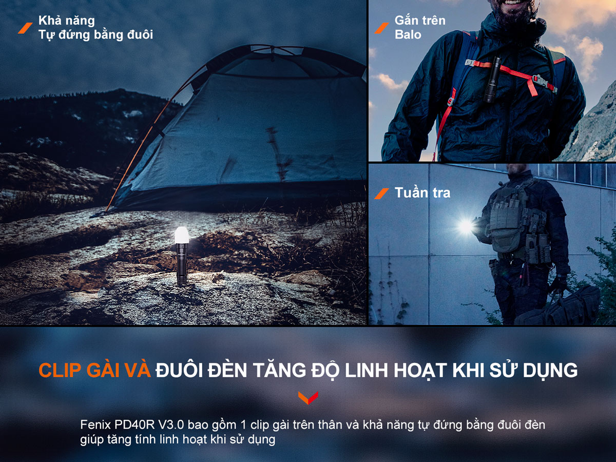 Đèn pin FENIX PD40R V3.0 trang bị clip cài và đuôi đèn giúp cho đèn trở lên linh hoạt hơn khi sử dụng