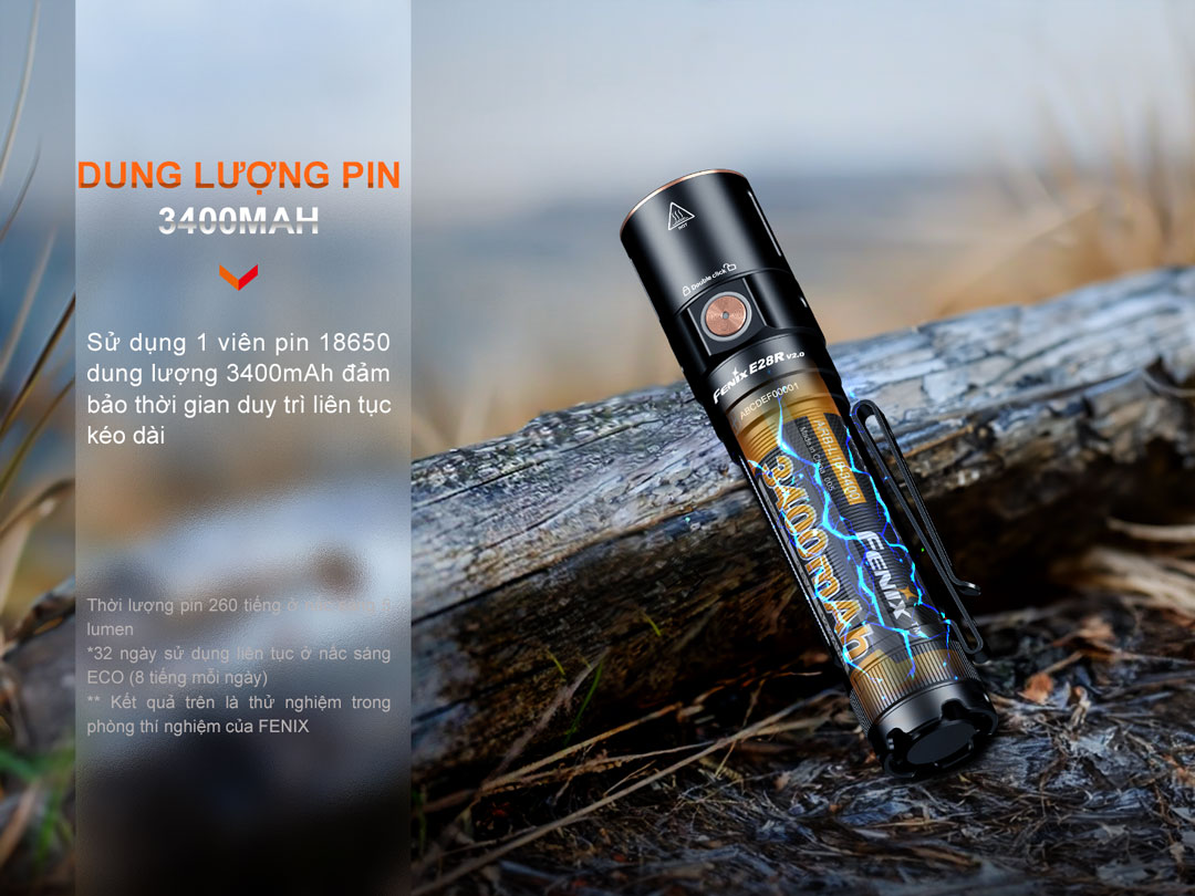 Đèn pin FENIX E28R V2.0 sử dụng 1 pin sạc 18650 dung lượng 3400mAH mạnh mẽ.