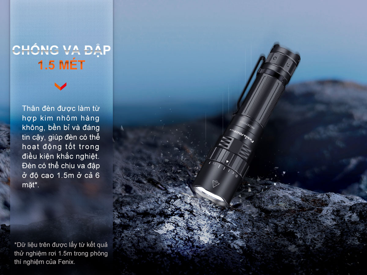 Thân Đèn pin FENIX PD40R V3.0 được làm bằng hợp kim nhôm cao cấp, chống va đập ở độ cao 1,5m trong 6 mặt