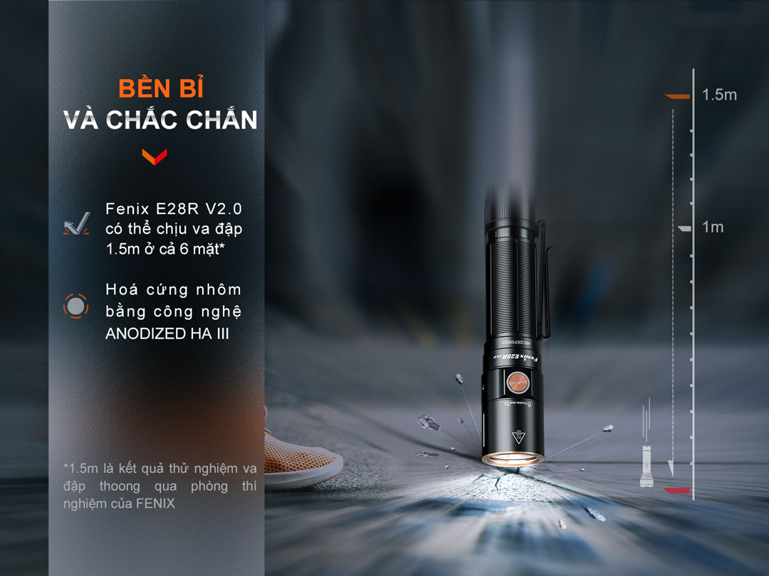Đèn pin FENIX E28R V2.0 gia công chắc chắn bền bỉ, chống chịu tốt