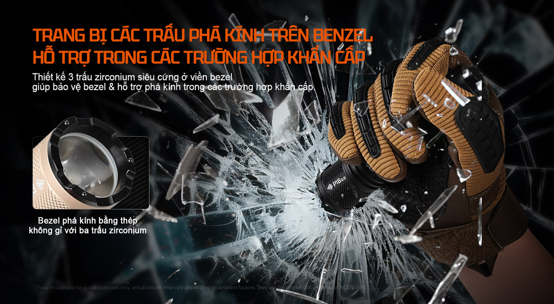 ACEBEAM P16 2.0 trang bị bezel thép không gỉ với 3 trấu zirconium hỗ trợ phá kính khẩn cấp.