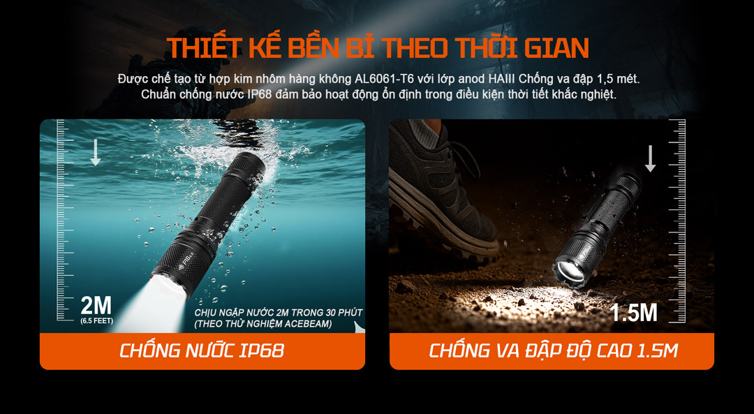 ACEBEAM P16 2.0 đạt chuẩn IP68, ngâm nước 2m trong 30 phút, chịu va đập độ cao 1.5 mét.