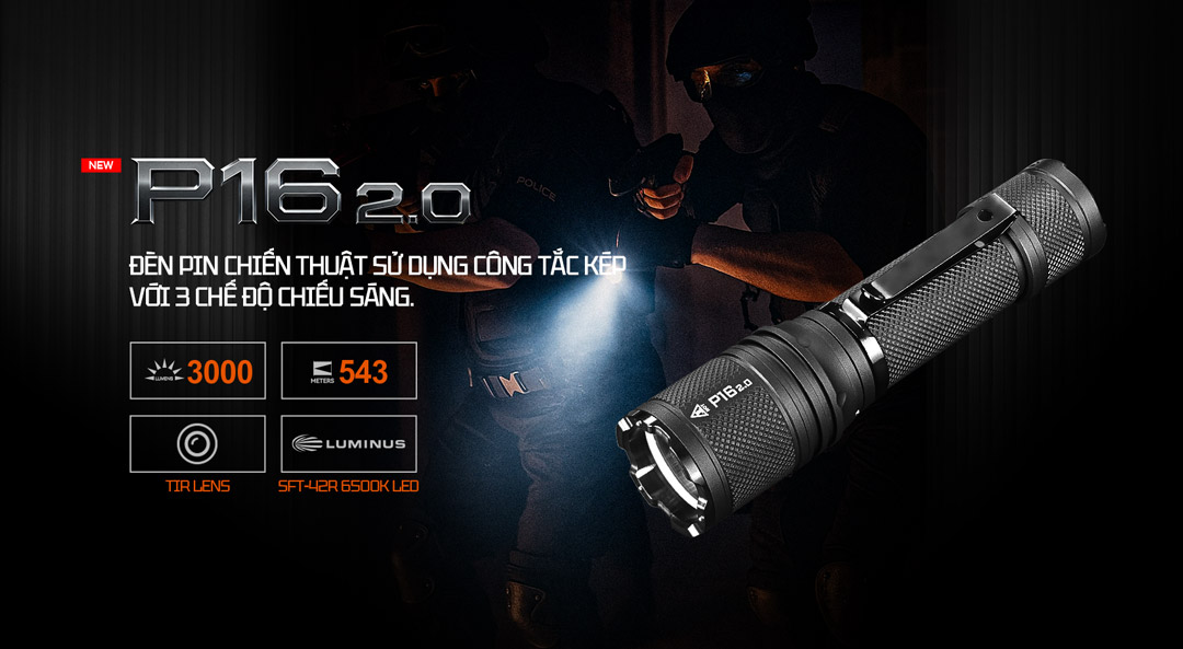 Đèn pin ACEBEAM P16 2.0 công suất 3000 lumen, chiếu xa 543 mét, LED Luminus SFT-42R 6500K, TIR lens.
