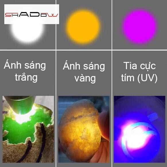 màu ánh sáng trắng, ánh sáng vàng và ánh sáng tím phù hợp cho soi đá quý