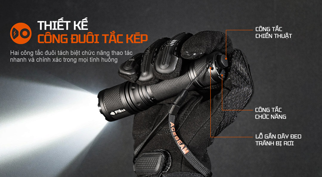 ACEBEAM P16 2.0 trang bị công tắc chiến thuật và công tắc chức năng thao tác nhanh.