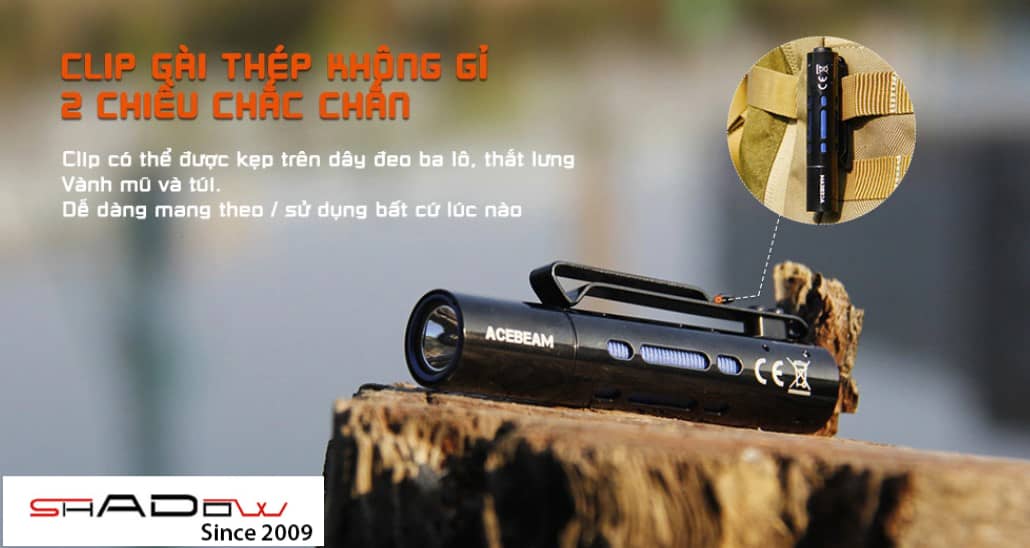 ACEBEAM RIDER RX dùng clip gài thép không gỉ hai chiều