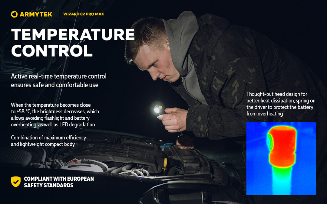 Đèn pin đội đầu ARMYTEK WIZARD C2 PRO MAX có khả năng điều chỉnh nhiệt độ thông minh