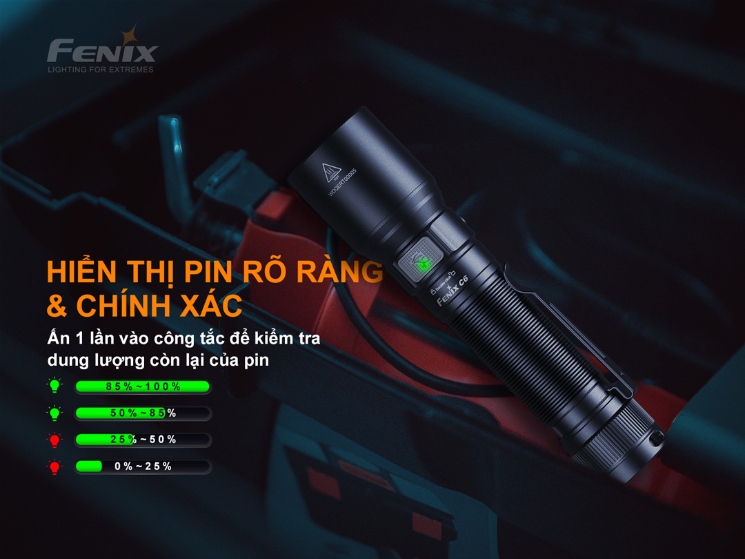Đèn pin FENIX C6 v3.0 tích hợp led hiển thị dung lượng pin