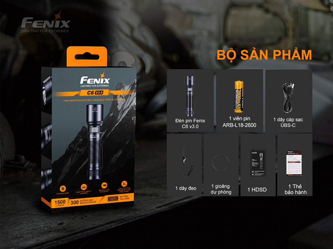 bộ sản phẩm của Đèn pin FENIX C6 v3.0