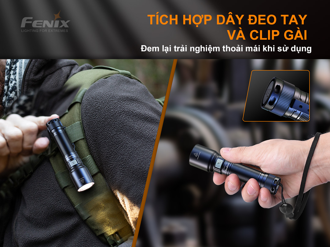 Đèn pin FENIX C6 v3.0 tích hợp dây đeo tay và clip gài