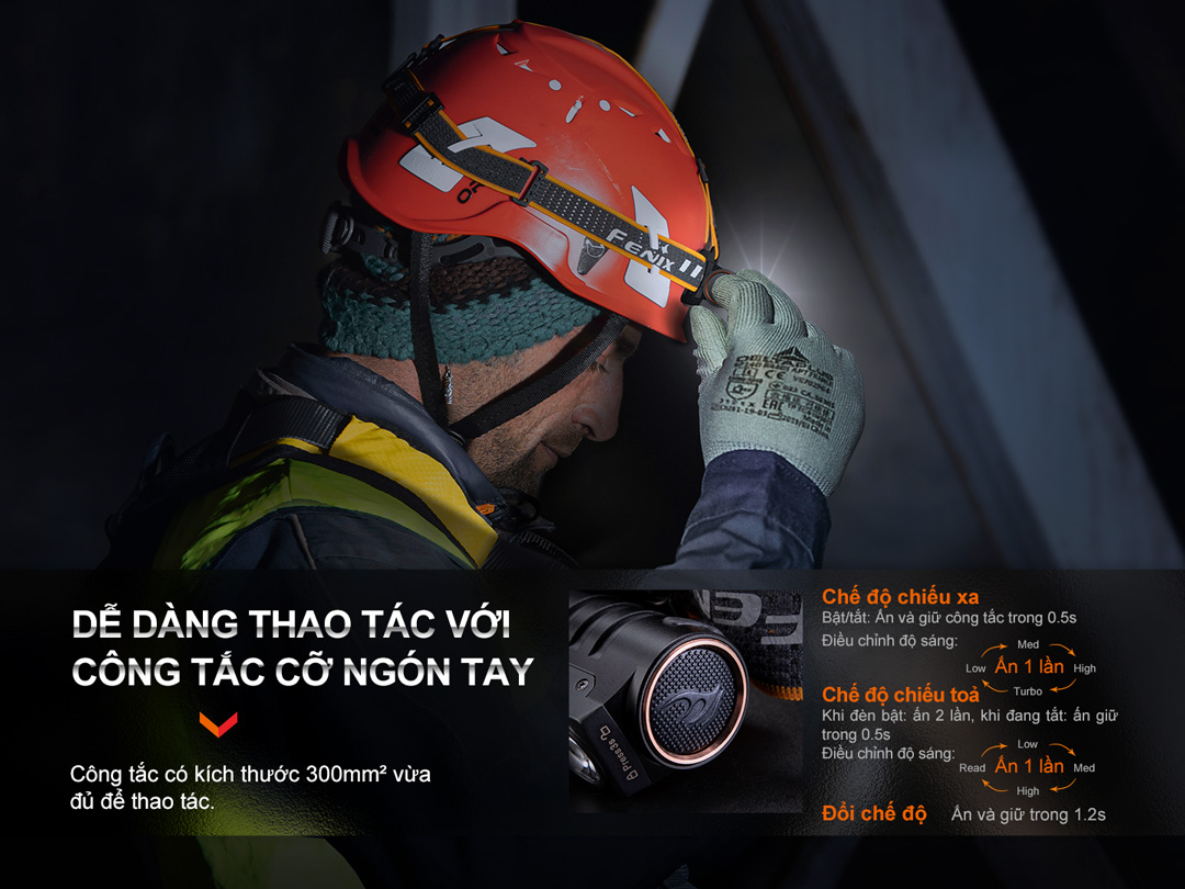 Đèn pin đội đầu FENIX HM71R dễ dàng thao tác với công tắc cỡ ngón tay