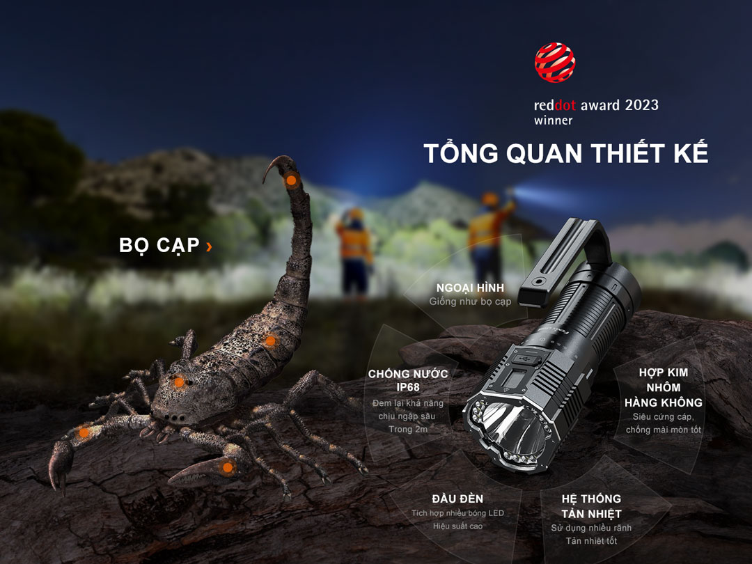 Hình dáng Đèn pin tìm kiếm cứu nạn FENIX LR60R giống 1 con bọ cạp