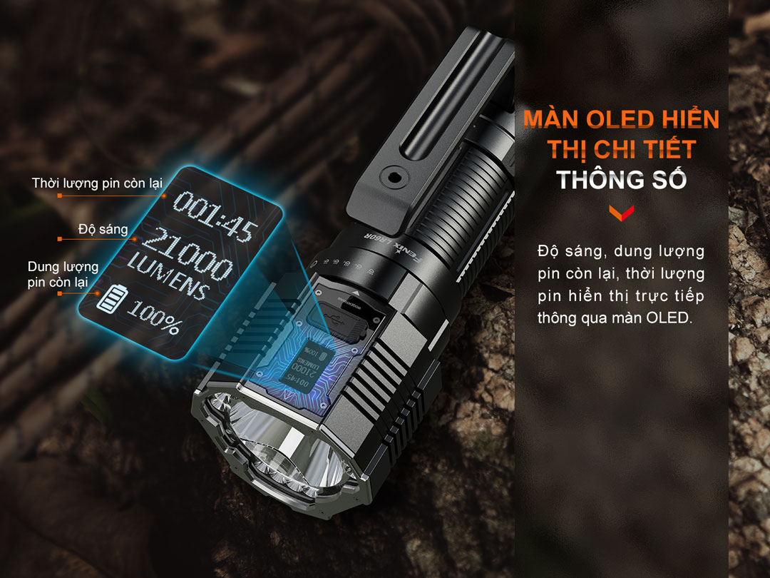 Đèn pin tìm kiếm cứu nạn FENIX LR60R sử dụng màn hình OLED hiển thị đầy đủ thông số