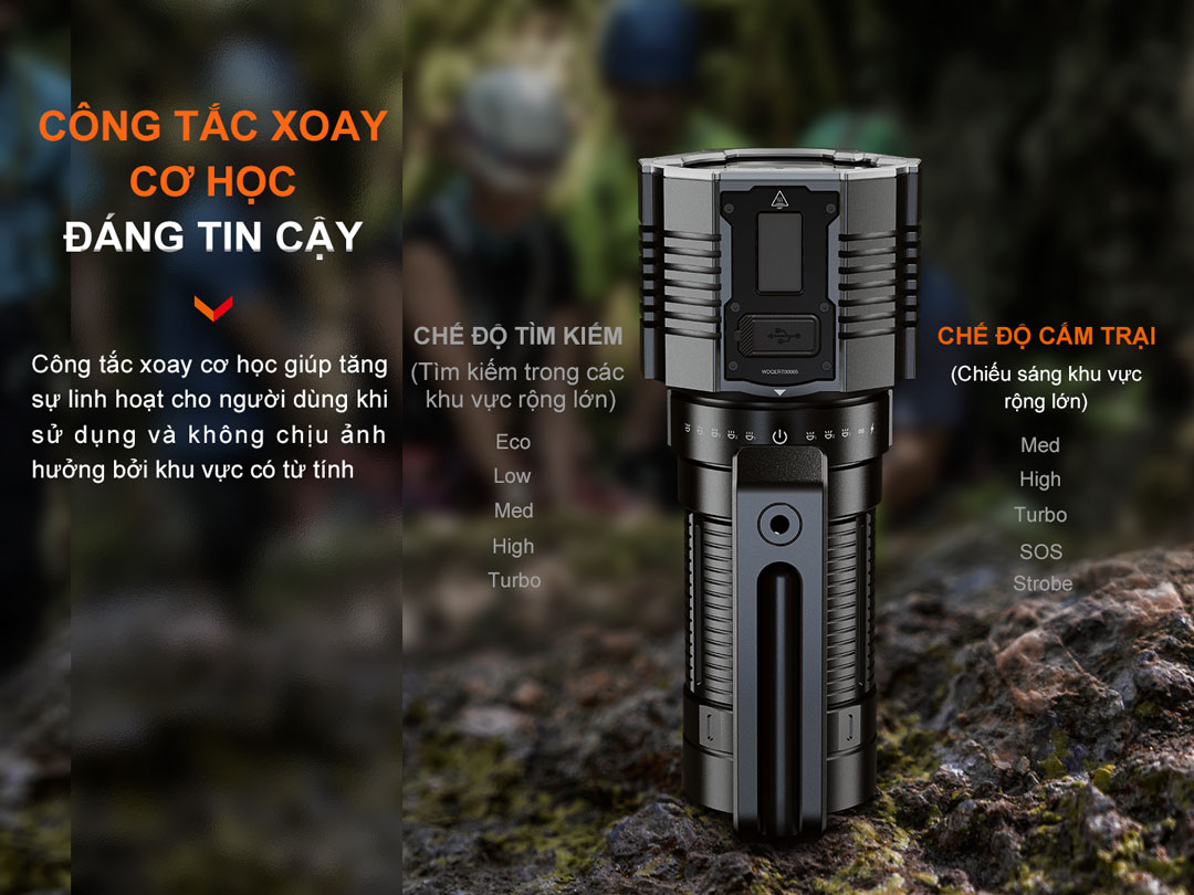 Đèn pin tìm kiếm cứu nạn FENIX LR60R sử dụng công tắc xoay cơ học