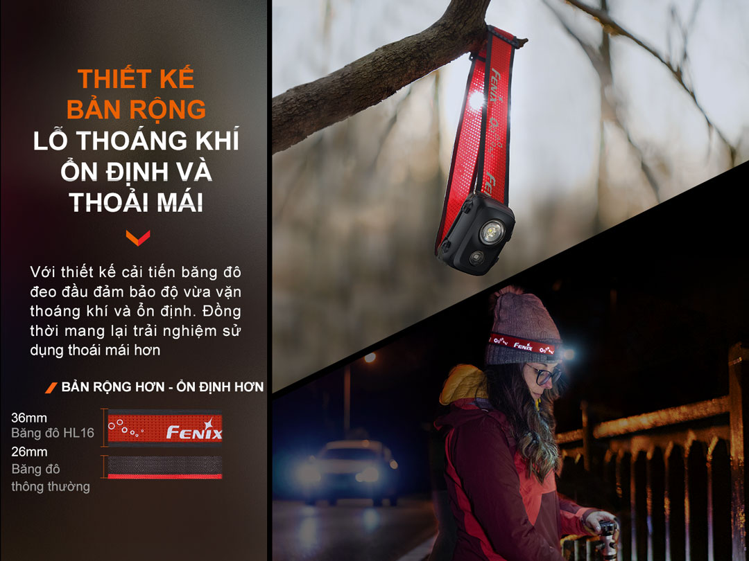 Đèn sử dụng dây đeo bản to, nhiều lỗ thoáng khí