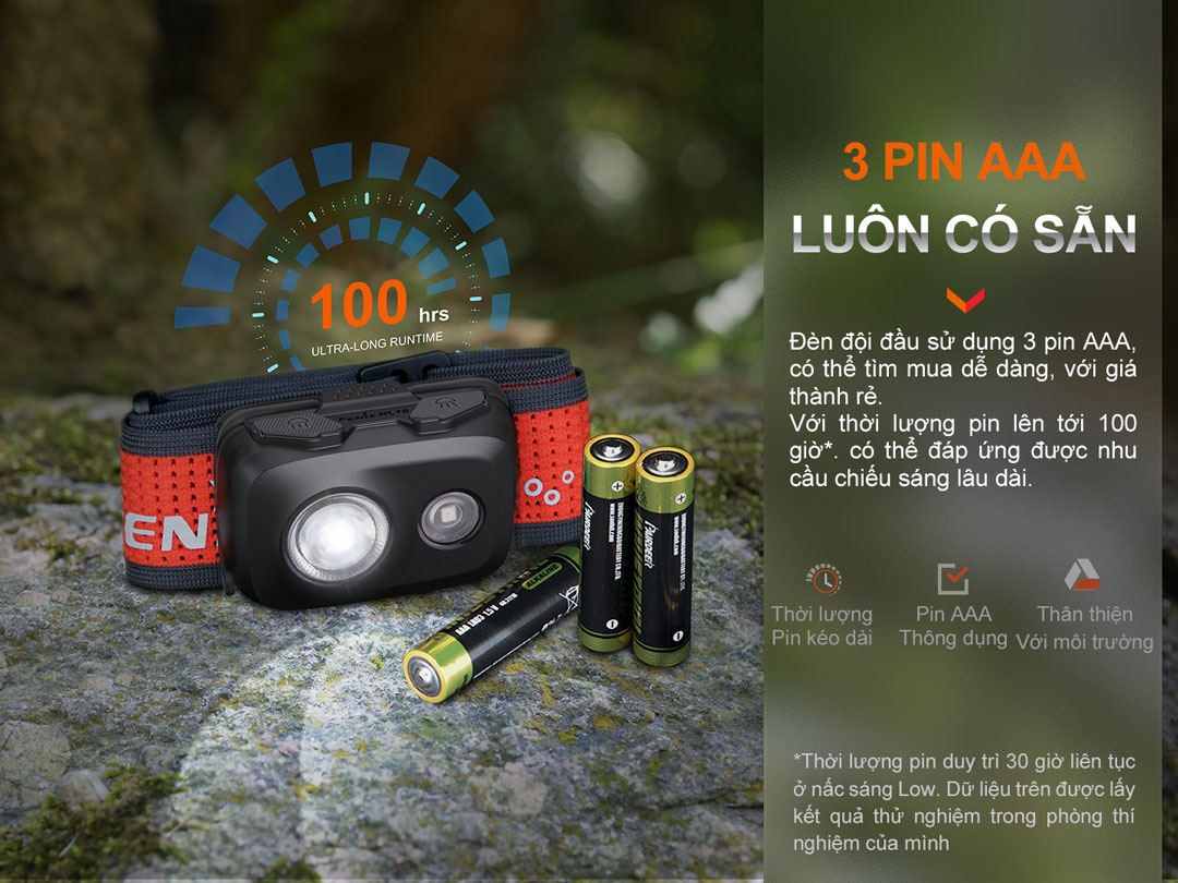 Trang bị 3 viên pin AAA giúp cho thời gian sử dụng đèn lên đến 100 giờ.