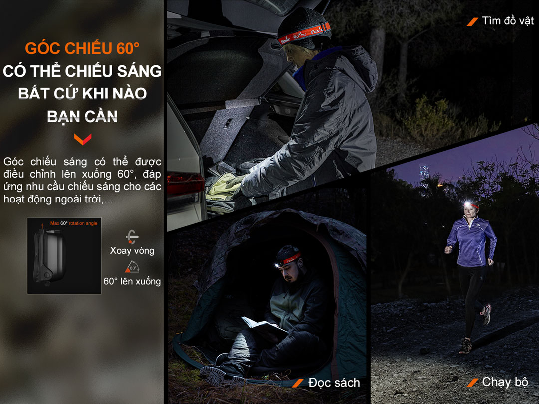 Có thể điều chỉnh góc chiếu đèn 60° phù hợp với nhiều hoạt động khác nhau